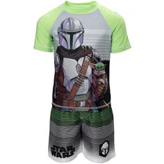 Join the adorable baby Grogu and the bounty hunter Din Djarin for a fun day at the pool. This Star Wars swim set includes a rash guard shirt and shorts featuring prints of your favorite characters from the Mandalorian. Made from quick-drying material and with a sun-blocking UPF of 50+, this swim set protects your kid's skin and keeps him comfortable as he goes on adventures in a galaxy far, far away. Trunks Outfit, Bathing Suit Shorts, Swim Shirts, Boys Swim, Swim Fashion, Rash Guard, Gray Green, Outfit Set, Boy Shorts