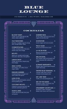 the blue lounge menu is shown on a dark background with pink and purple trimmings