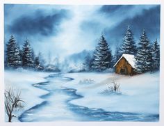 a painting of a snowy scene with a cabin in the distance and stream running through it