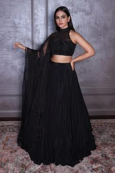 Shop for Amrin khan Black Satin Silk Layered Lehenga Set for Women Online at Aza Fashions All Black Lehenga, Black Indian Reception Outfit, Black Simple Lehenga, Black Blouse For Lehenga, Black Sangeet Outfit For Women, Black Lehngas, Black Ghagra Choli, Black Choli Designs, Black Lehenga Look