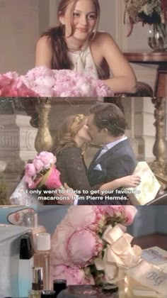 two people kissing each other in front of a table with flowers on it and the caption says, i only want to get your favorite movie