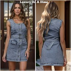 Chic Medium Wash Denim Vest With Button Closure, Chic Sleeveless Dark Wash Mini Dress, Chic Summer Denim Mini Dress, Chic Denim Mini Dress For Summer, Chic Sleeveless Denim Mini Dress, Fitted Denim Vest For Summer, Chic Spring Denim Vest With Button Closure, Sleeveless Dark Wash Mini Dress With Pockets, Sleeveless Denim Mini Dress For Day Out