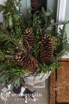 pine cones and evergreen branches are arranged on the front door