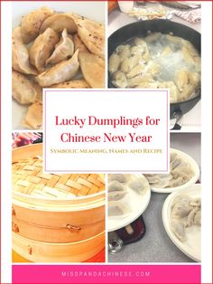 the cover of lucky dumplings for chinese new year, with pictures of different foods