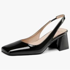 Women's Black Patent Leather Chunky Heels Slingback Pumps Fashion Closed Square Toe Elastic Buckle Block Heel Sandals Slip On Shoe Heels Slingback, Slip On Shoe, Black Block Heels, Patent Shoes, Block Heel Sandals, Budget Fashion, Slingback Pump, Block Heels Sandal, Black Patent Leather