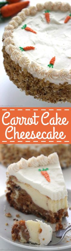 carrot cake cheesecake with white frosting and carrots on the top, sitting on a plate