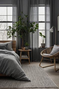 a bedroom with grey walls and curtains, a bed in the foreground has a plant on it