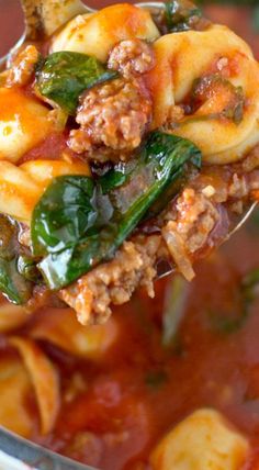 a spoon full of pasta and spinach in tomato sauce with meat on top is being held up by a ladle