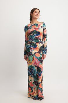 Fitted Multicolor Ruched Maxi Dress, Multicolor Long Sleeve Ruched Dress, Multicolor Long Sleeve Maxi Dress For Evening, Floral Print Maxi Long Sleeve Party Dress, Floral Print Maxi Long Sleeve Dress For Party, Floral Print Maxi Length Long Sleeve Party Dress, Party Long Sleeve Floral Maxi Dress, Viscose Dress, Boat Neckline