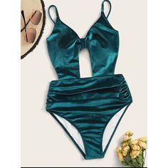 Nwot Dark Teal Blue Crushed Velvet One Piece Cutout Bikini, With Side Ruching. Ultra Flattering And Soft Green Ruched Swimwear For Party, Ruched Swimwear For Party During Beach Season, Party Swimwear With Ruched Triangle Top, Party Triangle Top Ruched Swimwear, Blue Ruched Swimwear For Party, Velvet One Piece, Blue Bathing Suit, Blue Crush, Lingerie Outfits