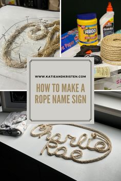 how to make rope name sign with scissors and other crafting supplies in the background