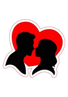 the silhouettes of two people are kissing in front of a heart shaped red background