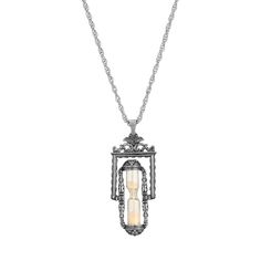 Show your vintage flair with this lovely 1928 Silver Tone Hourglass Pendant Necklace. Show your vintage flair with this lovely 1928 Silver Tone Hourglass Pendant Necklace. NECKLACE FEATURES Drop length: 2.6 in. Chain length: 30 in. Clasp: lobster-claw Metal: alloy Plating: silver tone Finish: antiqued Material: glass Size: 30". Color: Grey. Gender: female. Age Group: adult. Vintage Silver Glass Necklace, Vintage Glass Necklace Nickel Free, Vintage Nickel-free Glass Necklace, Vintage Glass Nickel-free Necklace, Vintage Antique Silver Necklace For Memorial, Hourglass Necklace, Hourglass Pendant, Hour Glass, Goth Jewelry