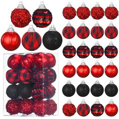 red and black christmas ornaments are in a clear box with glitter balls on the bottom