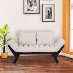 a living room with pictures on the wall and a couch in front of a potted plant