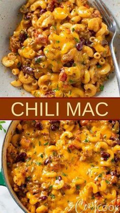 two pictures of chili macaroni and cheese in a skillet with the title above it