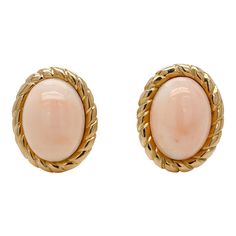 A very fine pair of Mid-Century Italian screw back earrings.  With large smooth oval cabochons framed in 18k gold rope design settings.   With screwbacks closures to the reverse.  Simply a lovely pair of Mid-Century Italian earrings!  Date: Mid-20th Century  Overall Condition: They are in overall good, as-pictured, used estate condition with some very fine & light surface scratches and other signs of expected light wear consistent with age.  Fineness: Mark 750 for gold fineness.   Marks: 750 & a Italian Earrings, Rope Design, Pink Coral, Screw Back Earrings, Minimalist Earrings, Clip On Earrings, Screw, 18k Gold, Gemstone Rings