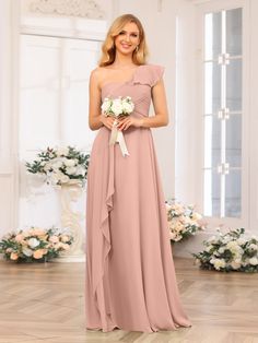 the bridesmaid is wearing a pink dress with one shoulder and an asymmetrical sash