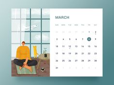 a calendar with a man sitting on a yoga mat in front of a window and a cat