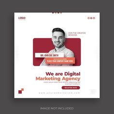 a red and white flyer for a digital marketing company with an image of a smiling man