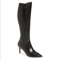 Parc Knee High Boot In Black Leather Finely Grained Leather Shapes A Svelte Knee-High Boot Completed With A Perfectly Pointed Toe. 4 1/2" Heel Approx 15 1/2" Shaft; 14" Calf Circumference Inset Side-Zip Closure Leather Upper And Lining Rubber Sole Imported Elegant 4-inch Heel Boots For Work, Classic Office Boots With 4-inch Heel, Chic Business Boots With 4-inch Heel, Elegant 4-inch Heel Workwear Boots, Chic Snip Toe Boots For Office, Chic Snip Toe Boots For The Office, Elegant Snip Toe Boots Medium Width, Elegant Medium Width Boots With Snip Toe, Heel Knee High Boots Outfit