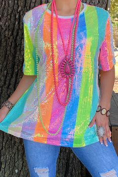 XCH13555 Multi color sequin short sleeve top Colorful Short Sleeve T-shirt For Spring, Party Season Sequined Crew Neck T-shirt, Fitted Sequin T-shirt For Summer, Spring T-shirt With Sequins And Short Sleeves, Trendy Sequined Blouse For Party Season, Sequin Short Sleeve Party T-shirt, Party Sequin Short Sleeve T-shirt, Party T-shirt With Short Sleeves For Spring, Sequin T-shirt For Night Out In Spring