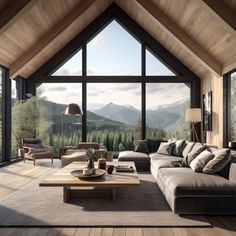 a living room filled with lots of furniture next to large windows and a mountain view