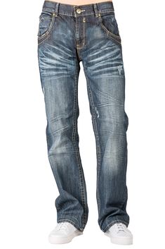 PRICES MAY VARY. These relaxed bootcut fit men's jeans feature 100% cotton premium denim fabric with the artisan crafted 3D whiskered and scratched vintage worn look. Wash Name: 913 Rainman. Fabric Content: 100% Cotton Available Sizes: 32-42W X 30L / 32-44W X 32L / 34-42W X 34L. Fit: Mack Bootcut - 5 pocket classic mid-rise jean, relaxed through the knee and thigh, finishing at a 19" bootcut opening. Model Body: Height 6', Weight 200lb, Waist 32", Chest 40" Rugged with an urban feel, these mid-r Dress Jeans Men, 2000s Pants, 2000s Jeans, Elevated Fashion, Level 7, Rockstar Jeans, Torn Jeans, 7 Jeans, Mens Casual Dress Outfits