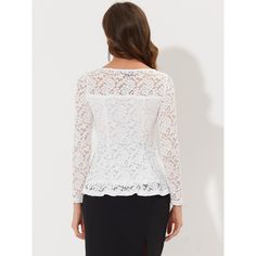 Elevate your wardrobe with this stunning peplum blouse that flatters your figure and adds an air of elegance to your essentials. This lace peplum top is a true beauty, featuring a peplum waist, a front keyhole, and intricate floral prints that are bound to turn heads. It is perfect for any occasion, including weddings, parties, cocktails, and more. You can pair it with your favorite jeans, pants, or skirts to complete a chic and sophisticated look. The fabric is not only stunning but also soft, Lace Peplum Blouse, Floral Lace Blouse, Womens Lace Tops, Sheer Long Sleeve, Lace Peplum, Women's Blouses, Peplum Hem, Peplum Blouse, Blouse White