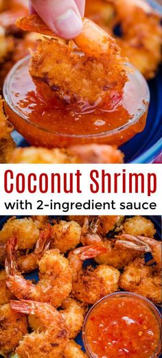 coconut shrimp with 2 ingredient sauce in a glass bowl and on a blue plate is a hand dipping it into the dish