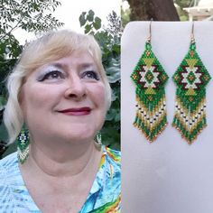 Beautiful Native American Style Beaded Rug Earrings in Green, Gold, Black, White. They are 3 1/2 inch long with wire and 1 inch wide. With gold wires on them, can be changed to post, clips or lever back. If you like these but would like other Colors just email me. Thanks for looking. Southwestern Green Earrings With Colorful Beads, Southwestern Style Green Earrings With Colorful Beads, Handmade Southwestern Green Beaded Earrings, Handmade Southwestern Green Earrings, Green Southwestern Beaded Earrings Gift, Southwestern Green Beaded Dangling Earrings, Green Southwestern Beaded Earrings For Gift, Southwestern Green Beaded Earrings For Gift, Southwestern Green Beaded Dangle Earrings