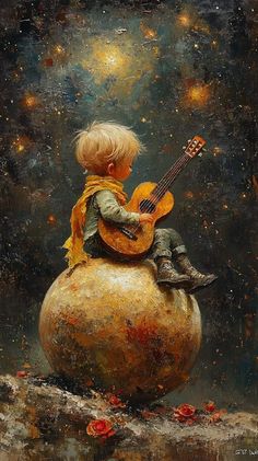 a painting of a little boy sitting on top of a rock with a guitar in his lap