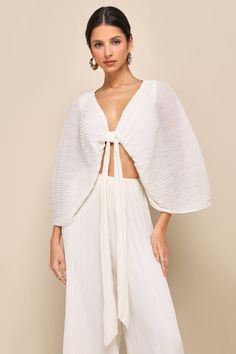 Ivory Plisse Top - Tie-Front Crop Top - Plisses Crop Top - Lulus Chic Oversized Summer Cover-up, Summer Vacation Batwing Sleeve Top, Chic Oversized Cover-up For Day Out, Chic Spring Cover-up For Daywear, Chic Spring Daywear Cover-up, Chic White Summer Cover-up, Cream Beachwear Cover-up For Spring, Chic Summer Daywear Cover-up, Chic White Oversized Cover-up