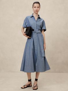 Chambray Midi Shift Shirtdress | Banana Republic Factory Elegant Cotton Shirt Dress With Belted Cuffs, Casual Fitted Belted Dress With Short Sleeves, Casual Fitted Short Sleeve Belted Dress, Formal Spread Collar Shirt Dress With Pockets, Spring Belted Shirt Dress With Spread Collar, Casual Belted Midi Dress With Buttons, Office Shirt Dress With Pockets, Casual Midi Length Belted Dress With Buttons, Casual Shirt Dress With Spread Collar For Work