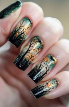 Forest Nail Ideas, Fall Sage Nails, Twilight Nails Ideas, Spooky Tree Nails, Fall Tree Nail Designs, Forest Themed Nails, Enchanted Forest Nail Designs, Forest Nails Designs, Forest Fairy Nails