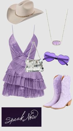 a purple dress, cowboy hat, and sunglasses are featured in this fashion ad for speak now