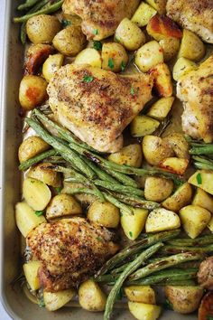 chicken, potatoes and green beans in a casserole dish