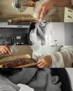 two people are kissing in the kitchen and one is holding a box with chocolate on it