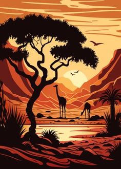 a giraffe standing in the middle of a desert with trees and mountains behind it