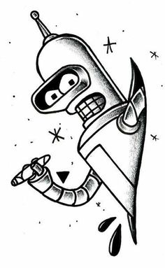 a black and white drawing of a cartoon character