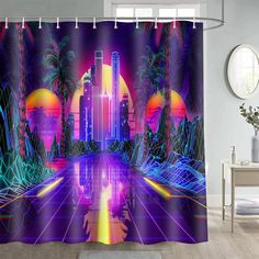 a shower curtain with an image of a futuristic city in the background and palm trees