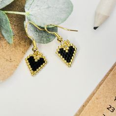 Beaded sweet heart earrings  1.5* o.7 cm Gold Beaded Heart Earrings For Gift, Heart Shaped Beaded Earrings, Elegant Heart-shaped Beaded Earrings For Gift, Gold Heart-shaped Beaded Earrings For Party, Affordable Heart-shaped Beaded Earrings, Black Heart Earrings, Brown Earrings, Beaded Earrings Patterns, Delica Beads