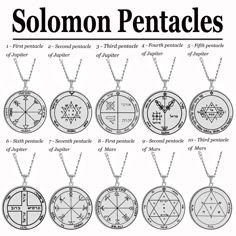 the solomon pentacles pendants are shown in black and white, with different symbols on