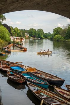 boats are lined up on the water under an overpass