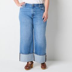 These a.n.a women's plus wide-leg jeans make a stylish statement with their high-rise and dramatic cuffed hem. They're crafted from a cotton-blend and feature a button-zip fly, and classic 5-pocket styling. Wear them with a t-shirt and wedge heels for a chic yet laid-back look.Closure Type: Button & ZipperPockets: 2 Back Patch Pocket, 1 Front Coin Pocket, 2 Front Slip PocketsRise: Highest RiseFiber Content: 99% Cotton, 1% SpandexFabric Description: DenimInseam: 35 InCare: Tumble Dry, Machine Was Womens Trouser Jeans, High Rise Wide Leg Jeans, Back Patch, A Plus, Trouser Jeans, Wide Leg Jeans, Wedge Heels, Patch Pocket, Leg Jeans