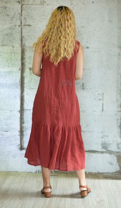 Linen Dresses With Ruffle Hem, Bohemian Linen Maxi Dress With Ruffles, Red Linen Bohemian Dress, Casual Linen Maxi Dress With Ruffles, Red Bohemian Linen Dress, Ruffled Linen Midi Dress, Midi Linen Dress With Ruffles, Ruffle Linen, Linen Pajamas