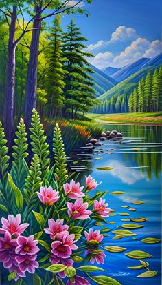 a painting of flowers by the water with mountains and trees in the backround