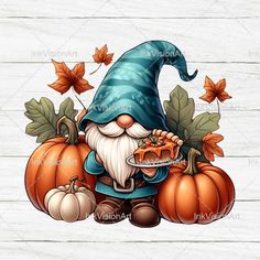 an image of a gnome holding a piece of cake in front of some pumpkins