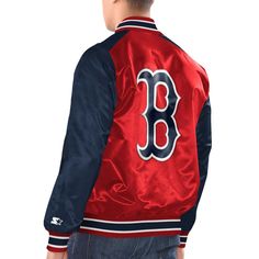 Elevate your style with this Boston Red Sox Varsity jacket. A full wordmark is embroidered across the chest, while their logo is on the right sleeve and their cap design is on the back. This full-snap jacket features a design you've come to expect from Starter and will have you feeling like you're a member of the Boston Red Sox, ready to take the diamond and dominate. Midweight jacket suitable for moderate temperatures Satin fabric Imported Full Snap Embroidered twill appliques Officially licens Boston Red Sox Logo, Red Sox Logo, Mens Leather Coats, Red Socks Fan, Biker Jacket Men, Red Sox Baseball, Satin Jacket, Movies Outfit, Satin Jackets