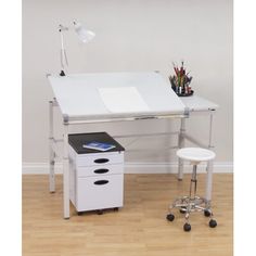 a white desk with two drawers and a chair next to it on a hard wood floor